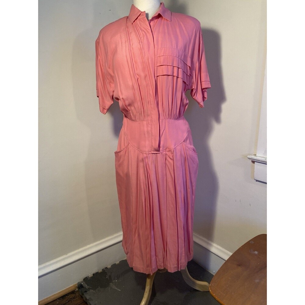 Vintage Secrets Coral Pink Dress AMAZING Shoulder Pads & Pockets Asymmetrical